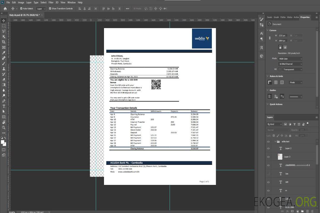 Modèle Word et PDF de relevé bancaire Acleda au Cambodge template Modèle Word et PDF de relevé bancaire Acleda au Cambodge template